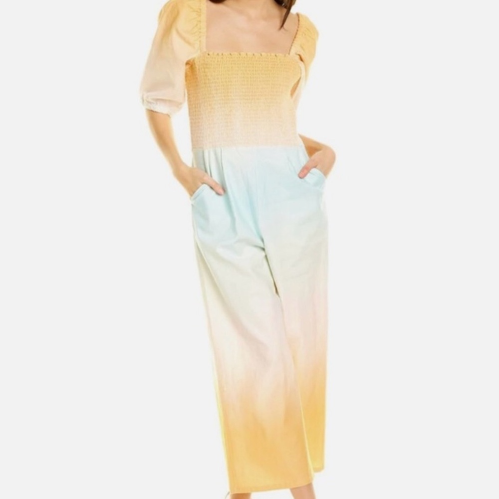 Something Navy | Women’s orange/blue ombré puff sleeve smocked front jumpsuit, S